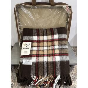 Vintage Faribo Oversized Brown Plaid Fluff Loomed Wool Fringed Throw Blanket NEW